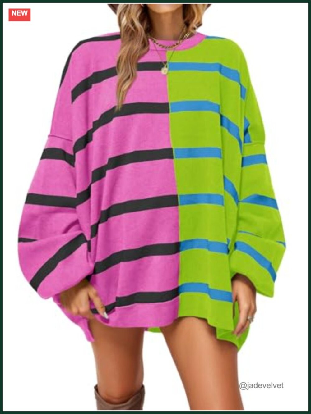 Womens Striped Pullover Sweater Crew Neck Long Sleeve Loose Knit